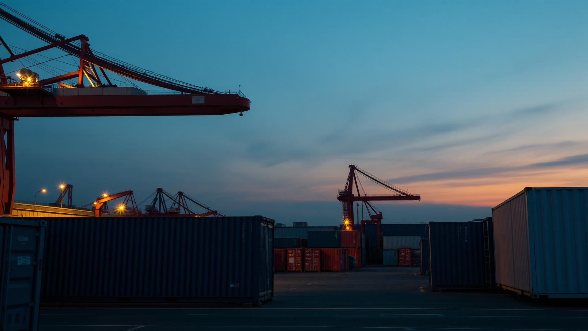 International shipping terminal at dusk